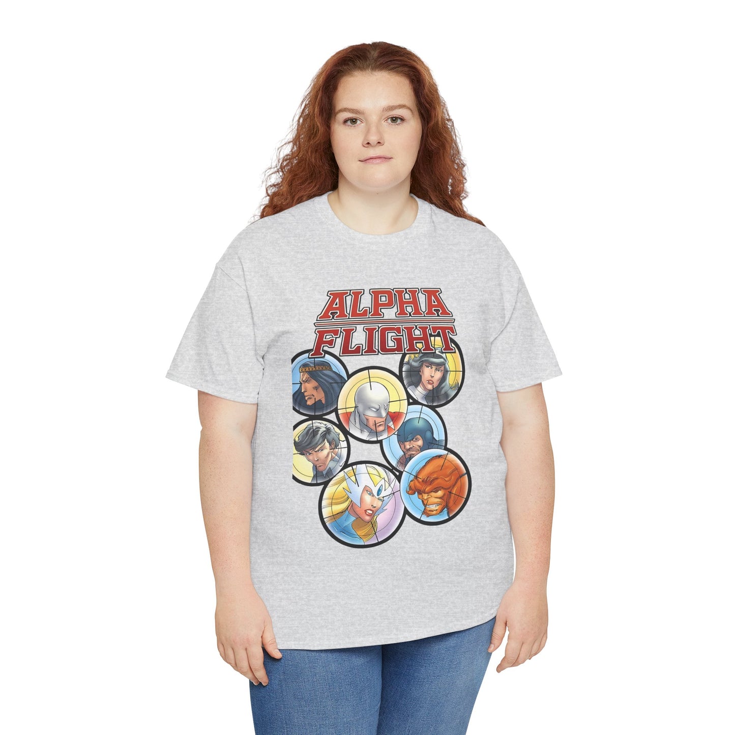 Alpha Flight T-Shirt - John Byrne Art - Guardian, Aurora, Northstar, Sasquatch, Shaman, Puck, Snowbird - Canada's Super Heroes - Marvel Comics