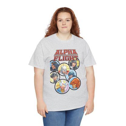Alpha Flight T-Shirt - John Byrne Art - Guardian, Aurora, Northstar, Sasquatch, Shaman, Puck, Snowbird - Canada's Super Heroes - Marvel Comics