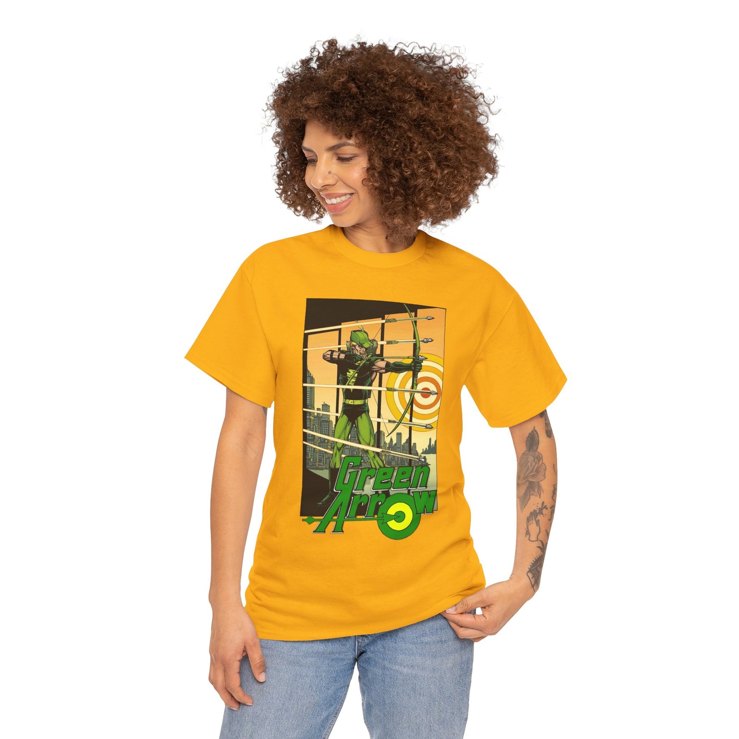Green Arrow T-Shirt - George Perez Art - 1980s Justice League Postcard Art - JLA - DC Comics
