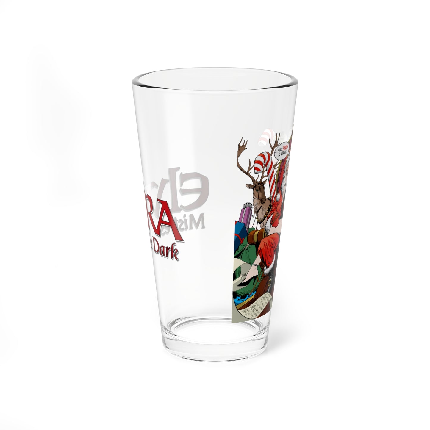 Elvira Pint Glass, 16oz - Mistress of the Dark - DC Comics Holiday Special Art - Sitting on Santa Claus' Lap