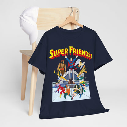 Super Friends T-Shirt - DC Hanna-Barbera - Superman, Wonder Woman, Black Vulcan, Batman, The Wonder Twins, Apache Chief, Hall of Justice