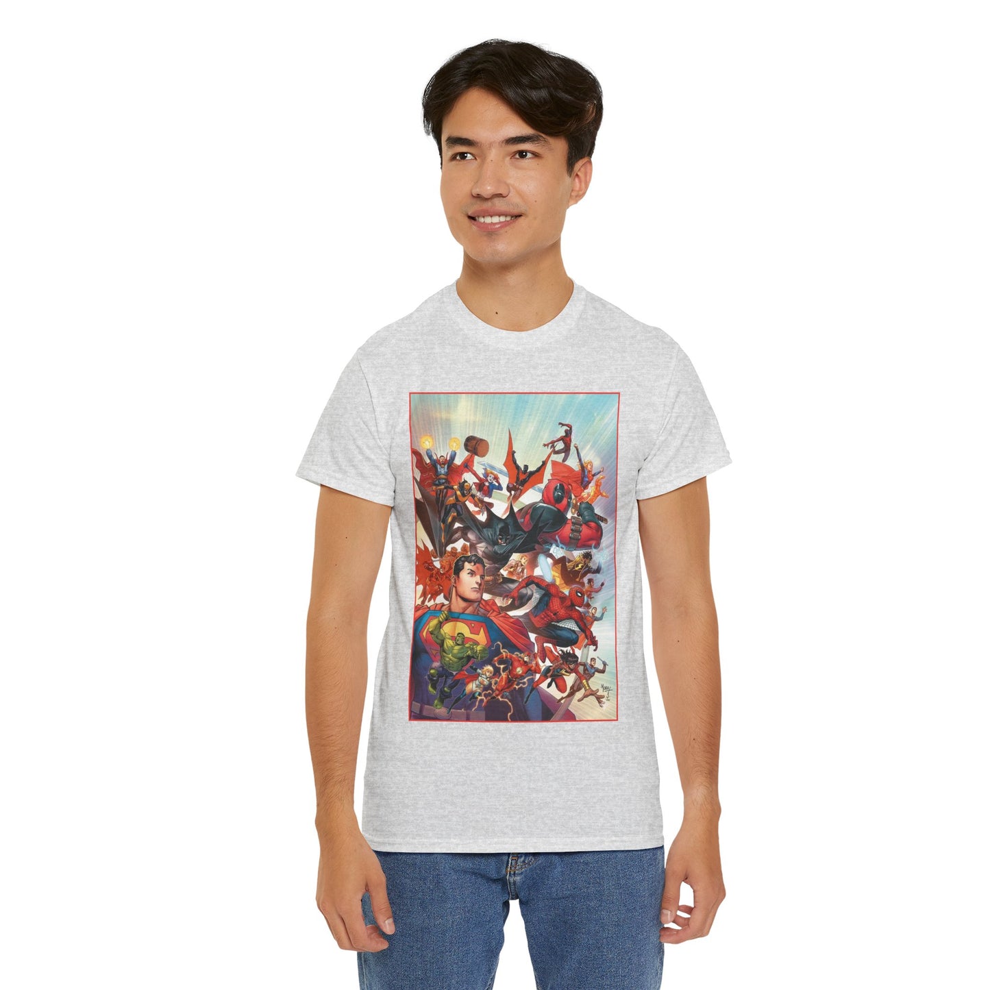 DC/Marvel T-Shirt - The Cosmic Kiss Caper & Other Stories Cover Art - Superman, Deadpool, Spider-Man, Harley Quinn, Batman Beyond, Static, Dr. Strange - DC Comics/Marvel