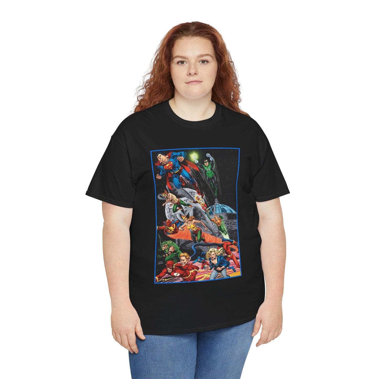 Justice League of America T-Shirt - Jerry Ordway Art - Superman, Wonder Woman, Firestorm, Flash, Black Canary, Atom - DC Comics