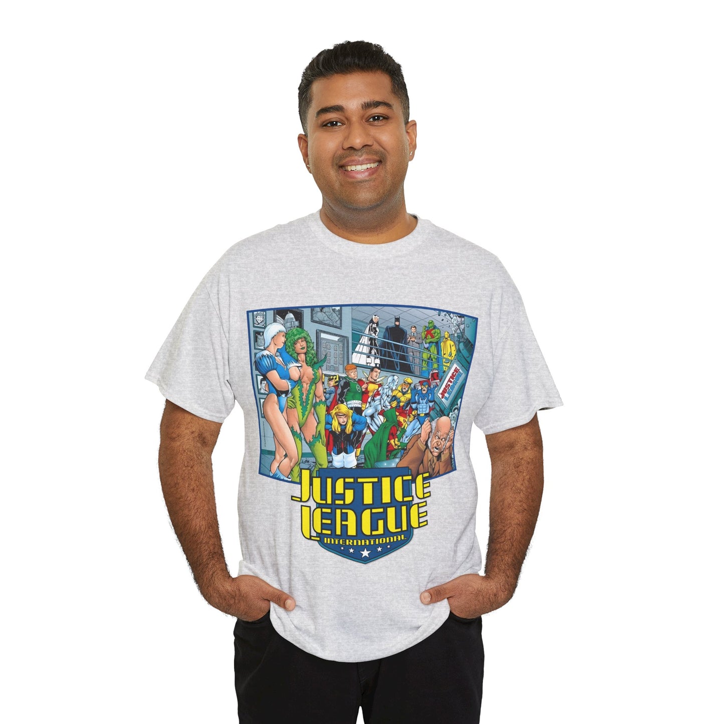 Justice League International T-Shirt - Kevin Maguire Art - Blue Beetle, Booster Gold, Martian Manhunter, Captain Atom, Batman, Fire, Ice - DC Comics - JLI