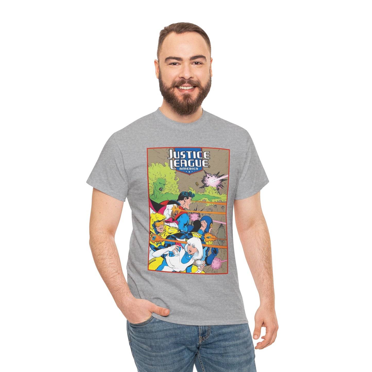 Justice League of America T-Shirt - Dan Jurgens Art - Superman, Fire, Ice, Blue Beetle, Booster Gold, Bloodwynde - DC Comics