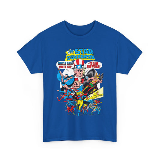 All-Star Squadron T-Shirt - Jerry Ordway Art - Uncle Sam, Hawkman, Superman, Liberty Belle, Black Condor, the Ray, Batman, Plastic Man - JSA Link - DC Comics