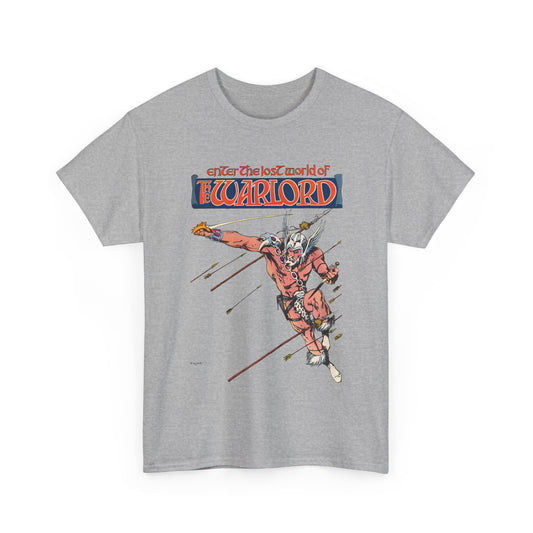 Gray t-shirt with a graphic design of a warrior and text 'Enter the lost world of Warlord' on a white background.