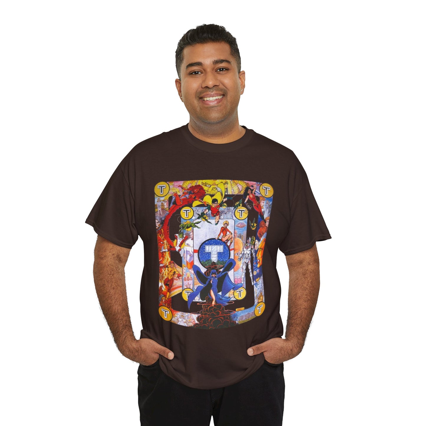 New Teen Titans Poster T-Shirt - George Perez Art - Cyborg, Raven, Robin, Terra, Wonder Girl, Changeling, Kid Flash, Deathstroke, Blackfire - DC Comics