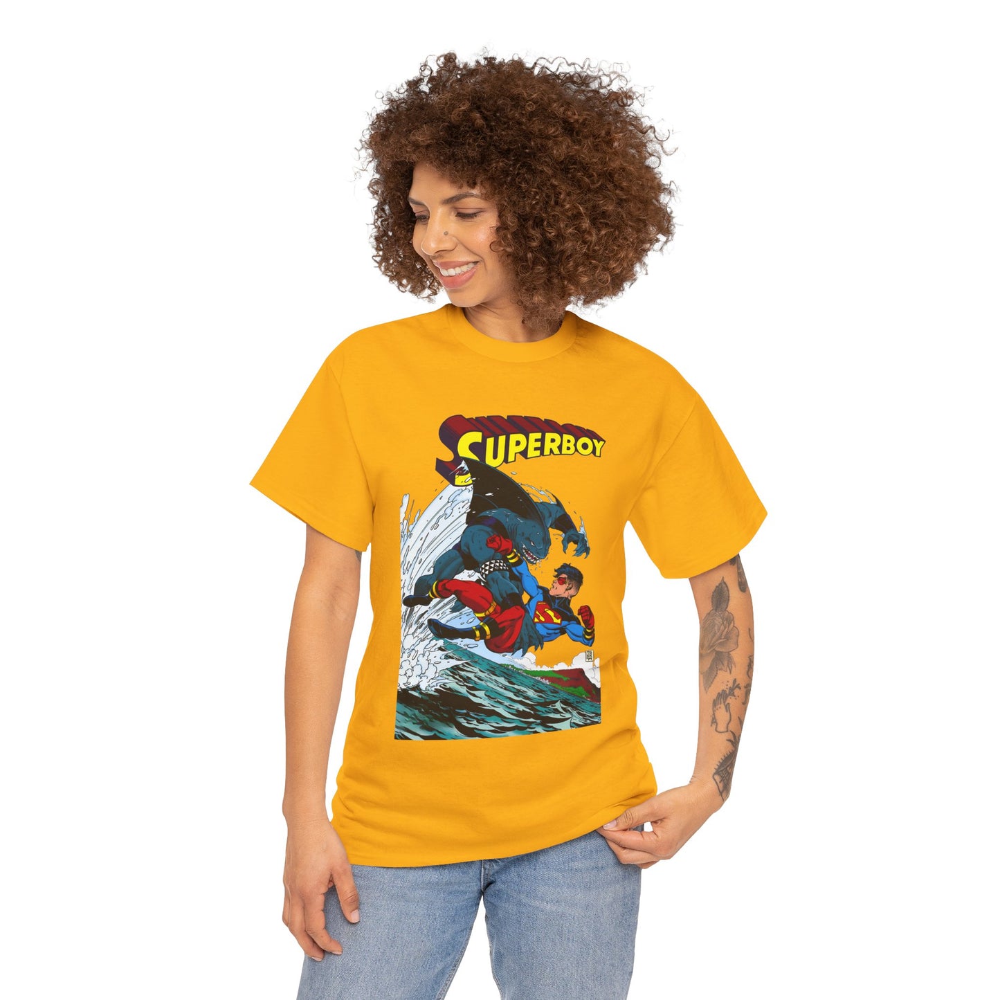 King Shark Vs Superboy T-Shirt - Tom Grummett Art - Connor Kent, Kon-L - Superman Family - DC Comics
