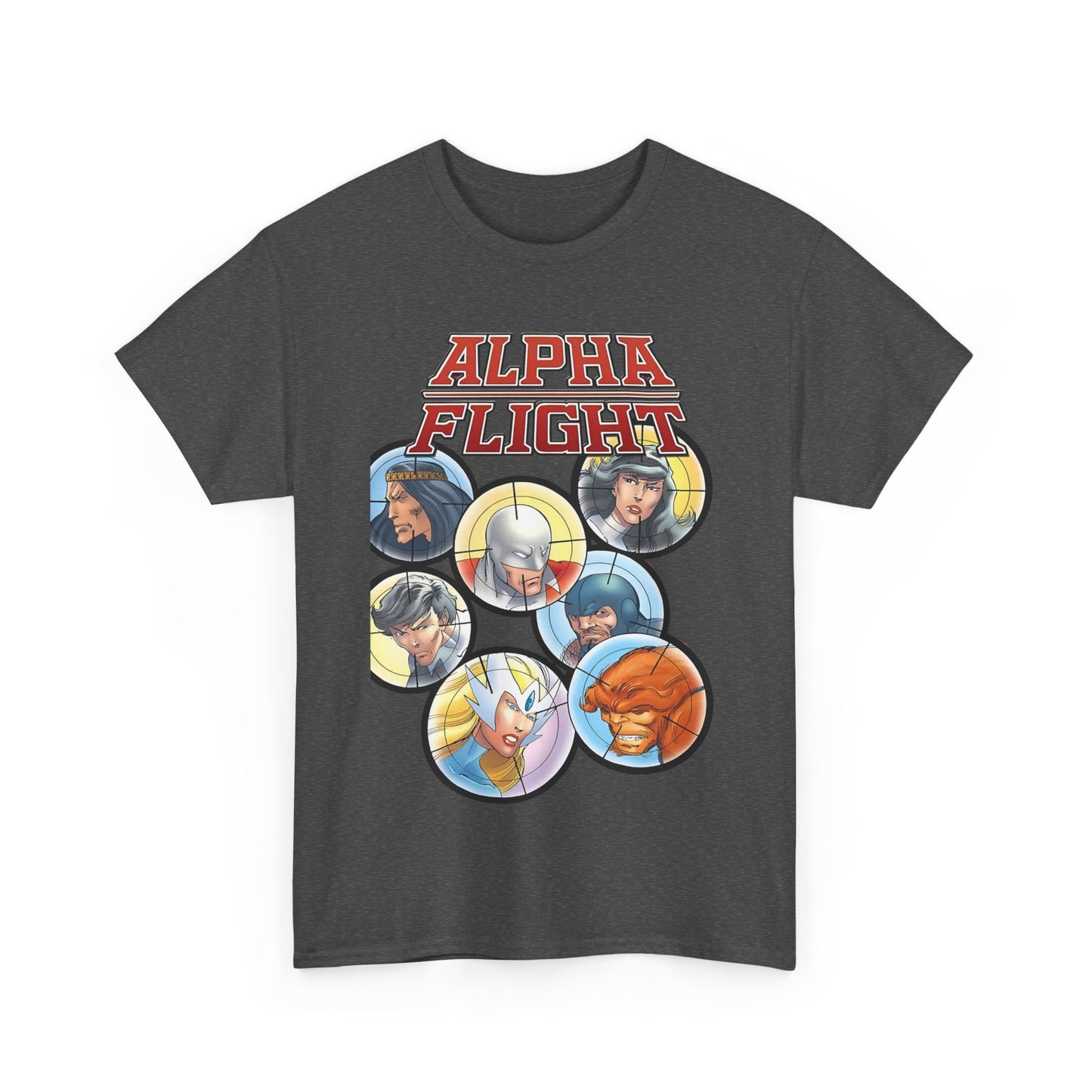 Alpha Flight T-Shirt - John Byrne Art - Guardian, Aurora, Northstar, Sasquatch, Shaman, Puck, Snowbird - Canada's Super Heroes - Marvel Comics