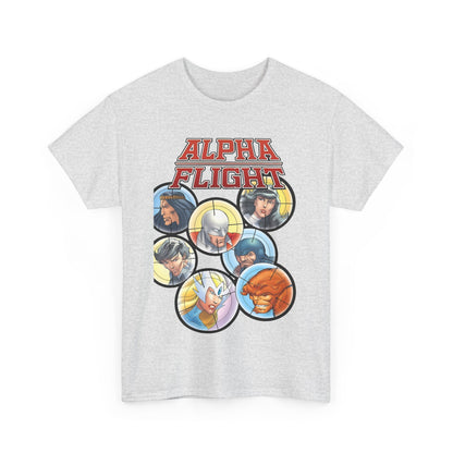 Alpha Flight T-Shirt - John Byrne Art - Guardian, Aurora, Northstar, Sasquatch, Shaman, Puck, Snowbird - Canada's Super Heroes - Marvel Comics