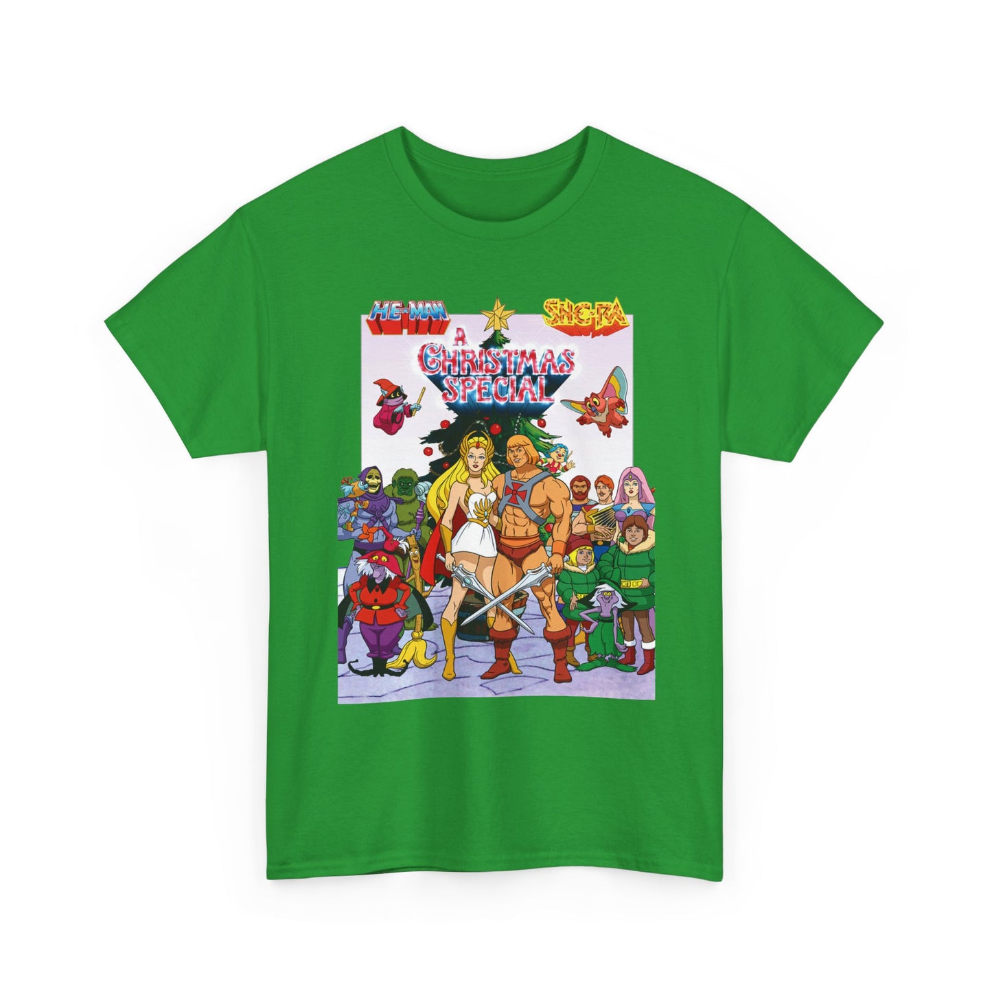 A high-quality He-Man and She-Ra Christmas-themed t-shirt with Skeletor behind them.