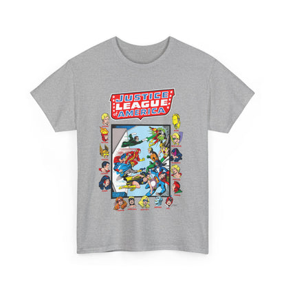 JLA & JSA T-Shirt - George Perez Art - All-Star Squadron - Firestorm, Huntress, Starman, Zatanna, Liberty Belle, Superman, Robotman, Firebrand, Dr Fate - DC Comics