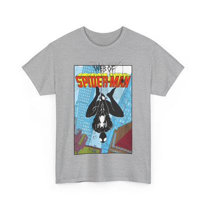 Web of Spider-Man T-Shirt - Charles Vess Art - Peter Parker, Web Slinger - Manhattan Skyline - Spidey Black Suit - Marvel Comics