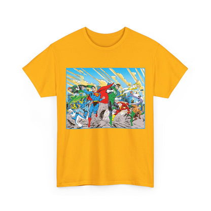 Justice League America/Europe T-Shirt - Dan Jurgens Art - Superman, Blue Beetle, Booster Gold, Green Lantern, Aquaman, Power Girl, Guy Gardner, Flash - DC Comics