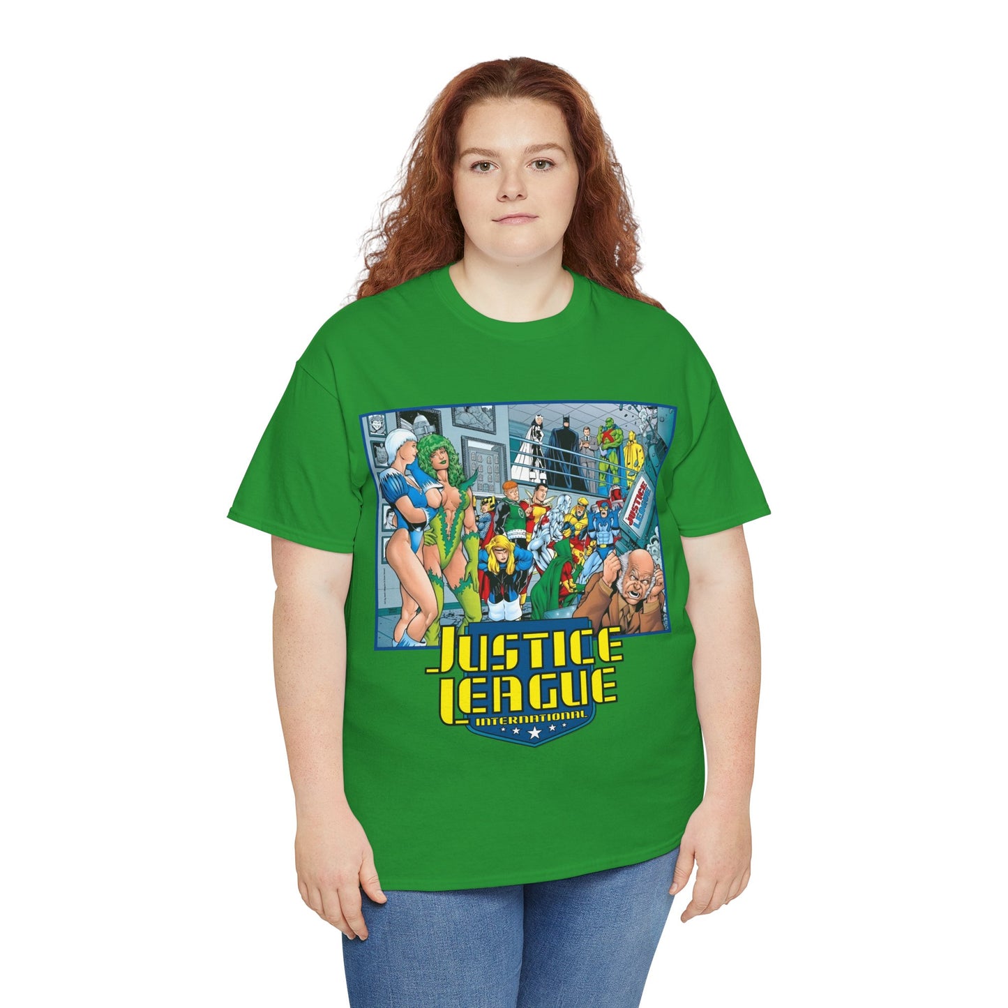 Justice League International T-Shirt - Kevin Maguire Art - Blue Beetle, Booster Gold, Martian Manhunter, Captain Atom, Batman, Fire, Ice - DC Comics - JLI