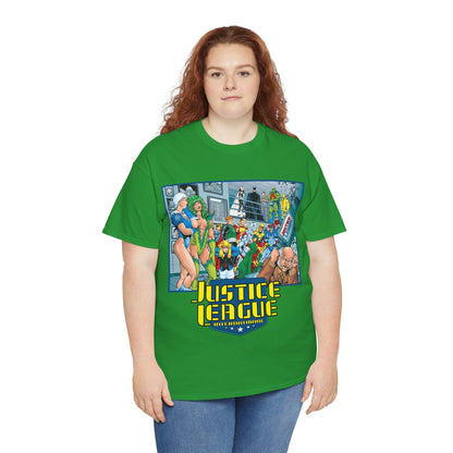 Justice League International T-Shirt - Kevin Maguire Art - Blue Beetle, Booster Gold, Martian Manhunter, Captain Atom, Batman, Fire, Ice - DC Comics - JLI