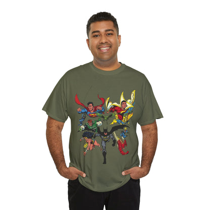 DC Legends T-Shirt - John Byrne Art - Superman, Wonder Woman, Guy Gardner, Flash, Blue Beetle, Shazam, Dr Fate, Changeling - DC Comics
