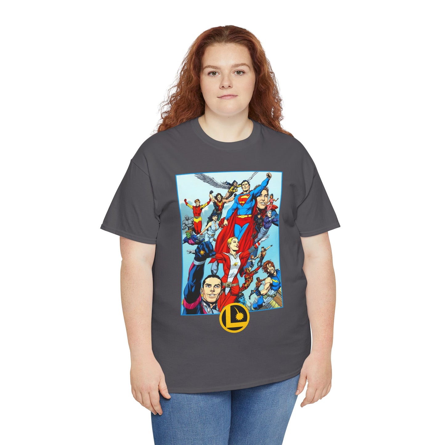 Legion of Super-Heroes T-Shirt - Gary Frank Art - Superman, Saturn Girl, Cosmic Boy, Dawnstar, Brainiac 5, Phantom Girl, Wildfire, Blok, Lightning Lad, Timber Wolf - LOSH - DC Comics