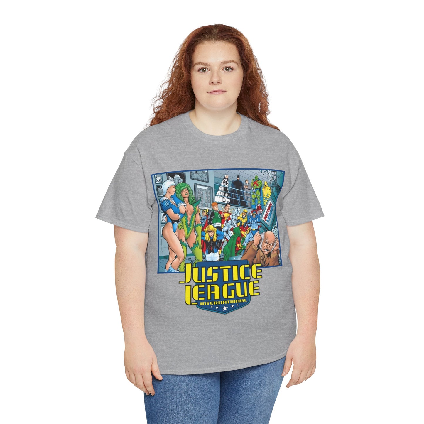 Justice League International T-Shirt - Kevin Maguire Art - Blue Beetle, Booster Gold, Martian Manhunter, Captain Atom, Batman, Fire, Ice - DC Comics - JLI