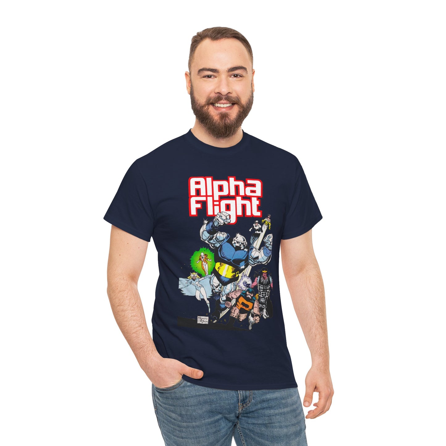 Alpha Flight T-Shirt - Mike Mignola Art - Shaman, Snowbird, Northstar, Aurora, Box, Vindicator, Puck - Canada's Super-Team - Marvel Comics