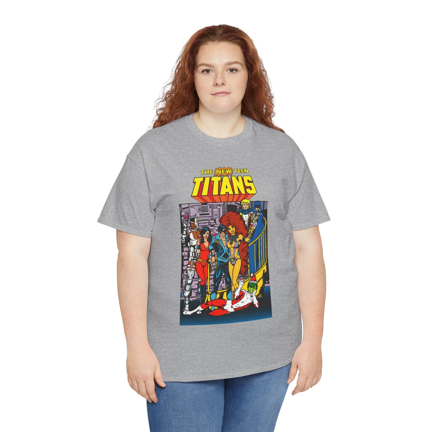 New Teen Titans T-Shirt - George Perez Art - Nightwing, Cyborg, Raven, Starfire, Wonder Girl, Changeling, Jericho - Titans Tower - DC Comics