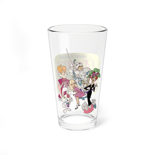 Alice in Wonderland Pint Glass, 16oz - Hanna-Barbera Cartoon 1960s Musical TV Movie - What's a Nice Kid like You Doing in a Place like This? - White Rabbit, Queen of Hearts