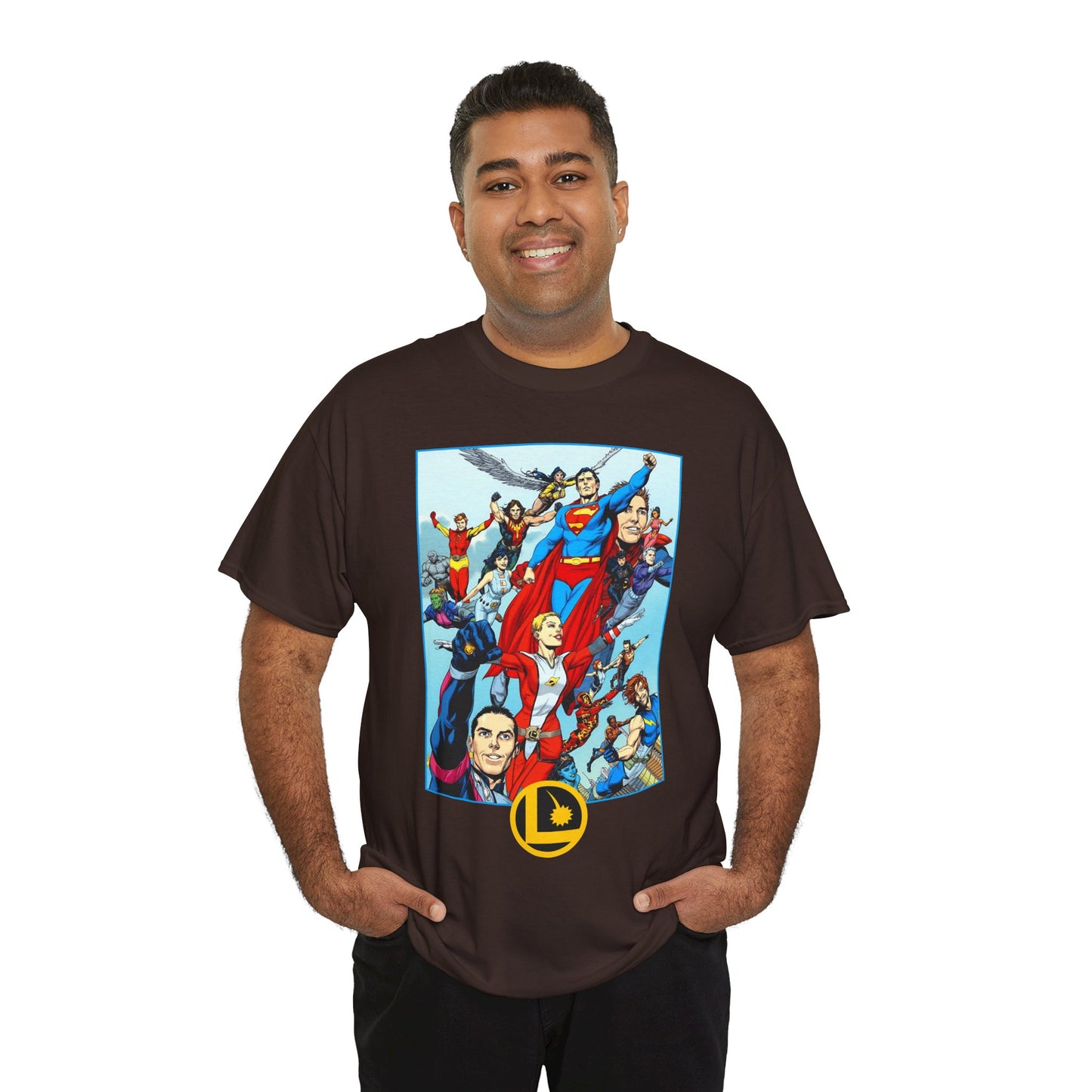 Legion of Super-Heroes T-Shirt - Gary Frank Art - Superman, Saturn Girl, Cosmic Boy, Dawnstar, Brainiac 5, Phantom Girl, Wildfire, Blok, Lightning Lad, Timber Wolf - LOSH - DC Comics
