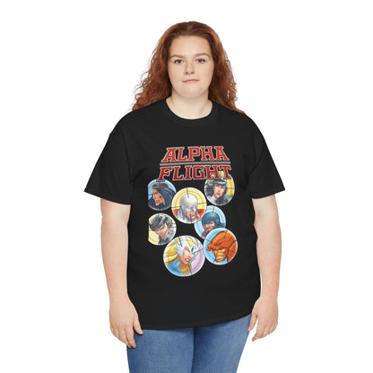 Alpha Flight T-Shirt - John Byrne Art - Guardian, Aurora, Northstar, Sasquatch, Shaman, Puck, Snowbird - Canada's Super Heroes - Marvel Comics