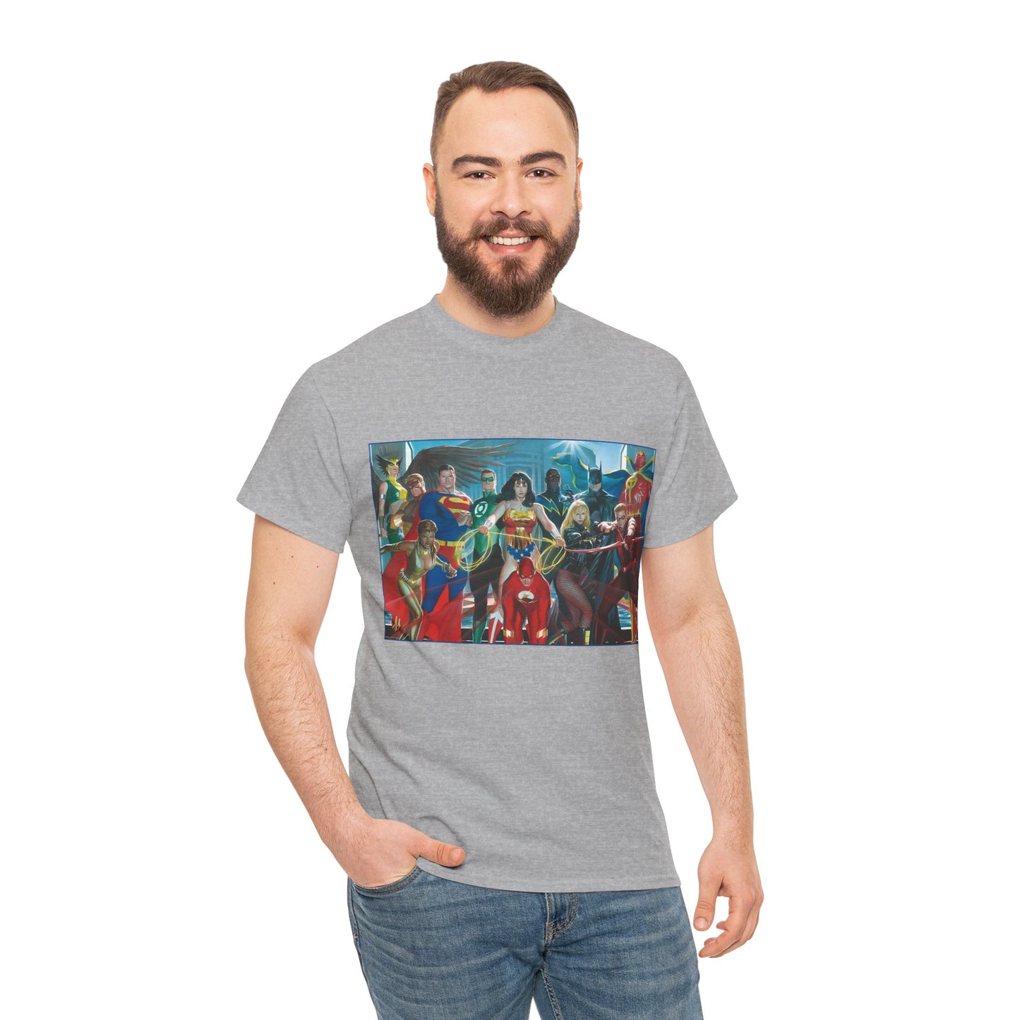 Justice League T-Shirt - Alex Ross Art - Superman, Wonder Woman, Batman, Flash, Black Canary, Vixen, Black Lightning, Green Lantern, Geo-Force, Red Tornado - DC Comics