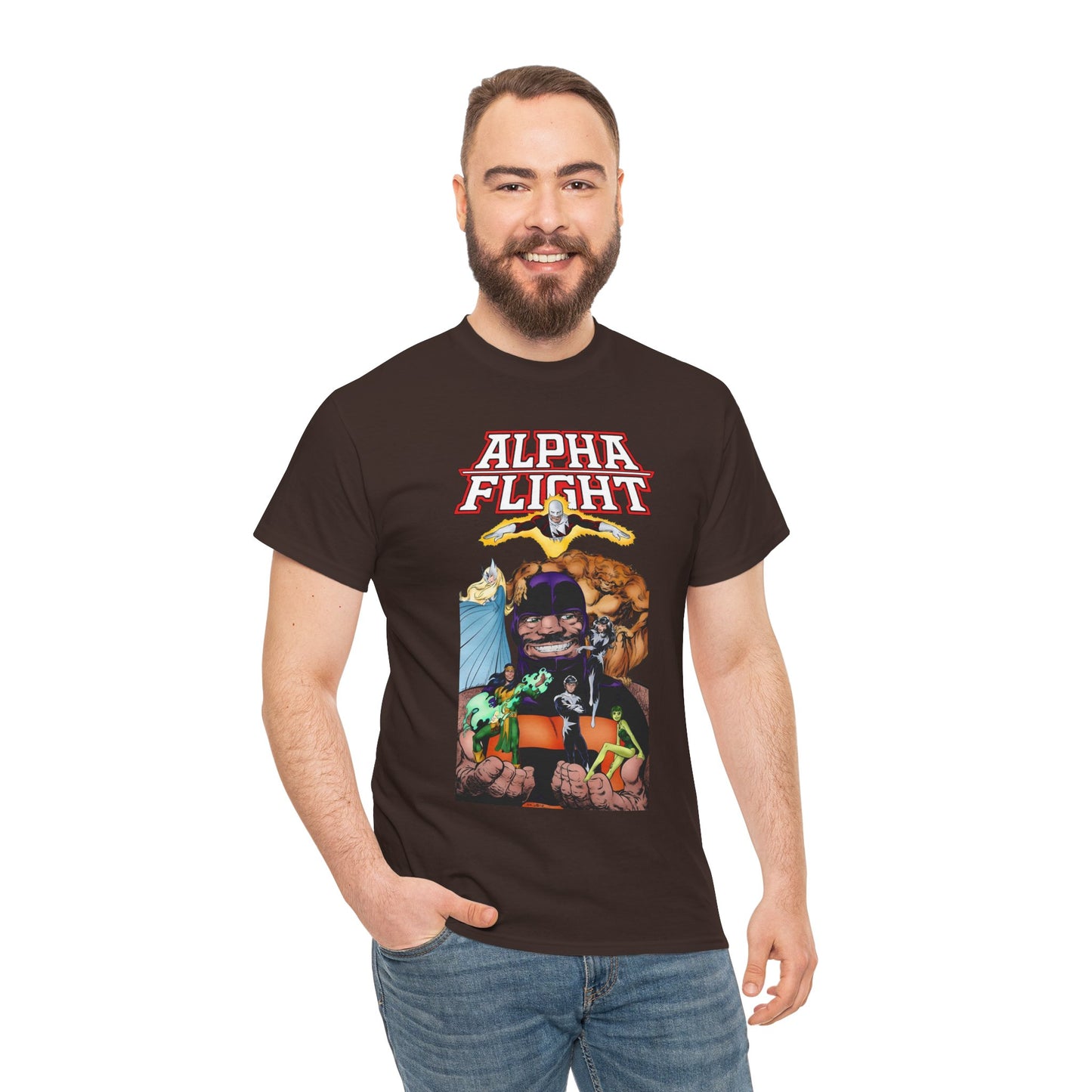 Alpha Flight T-Shirt - John Byrne Art - Guardian, Aurora, Northstar, Shaman, Snowbird, Puck - Marvel Comics