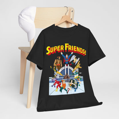 Super Friends T-Shirt - DC Hanna-Barbera - Superman, Wonder Woman, Black Vulcan, Batman, The Wonder Twins, Apache Chief, Hall of Justice
