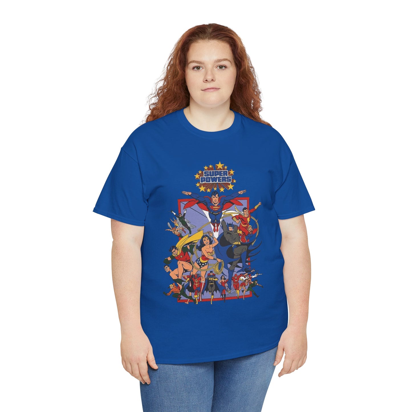 Super Powers T-Shirt - Superman, Flash, Wonder Woman, Batman, Batgirl, Robin, Plastic Man, Aquaman, Hawkman, Supergirl - 1980s Kenner Toy Line - Retro DC Comics