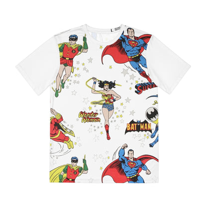 DC Comics in the 1970s All Over Print Tee (Polyester) - Superman, Wonder Woman, Batman, Robin (IMPROVED PLACEMENT AND PRINTING TECHNIQUES)