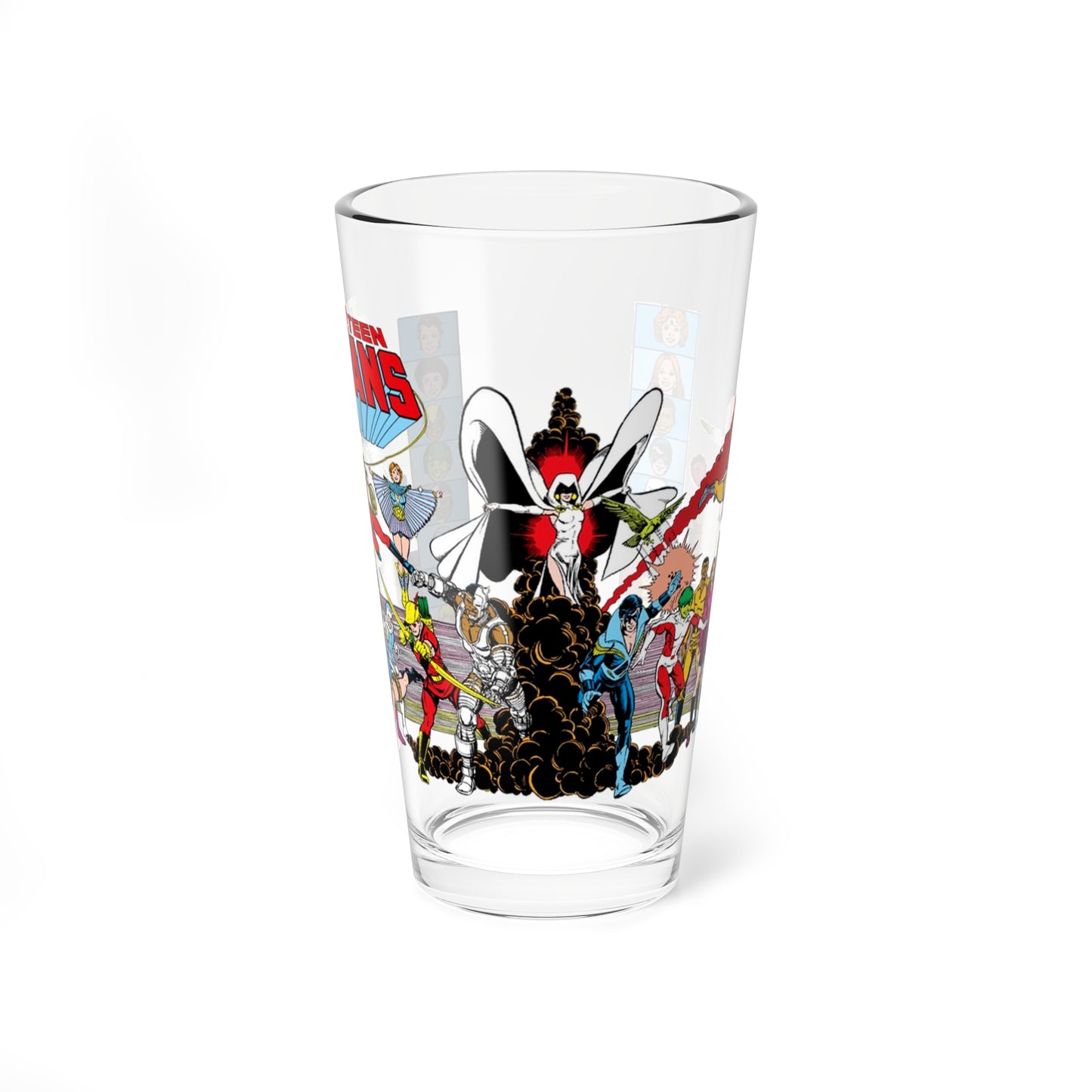 Teen Titans Pint Glass, 16oz - George Perez Art - Raven, Cyborg, Nightwing, Wonder Girl, Lilith, Bumblebee, Aqualad, Jericho, Hawk & Dove - DC Comics Who's Who Art