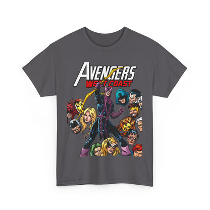 Avengers West Coast T-Shirt - Bob Hall Art - Hawkeye, Iron Man, Wonder Man, Tigra, Mockingbird - Marvel Comics Team