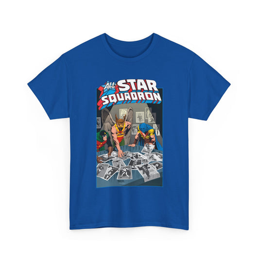 Blue t-shirt with 'All Star Squadron' graphic design on a white background. Includes Hawkman, Doctor Mid-Nite, and Atom, members of the Justice Society of America (JSA).