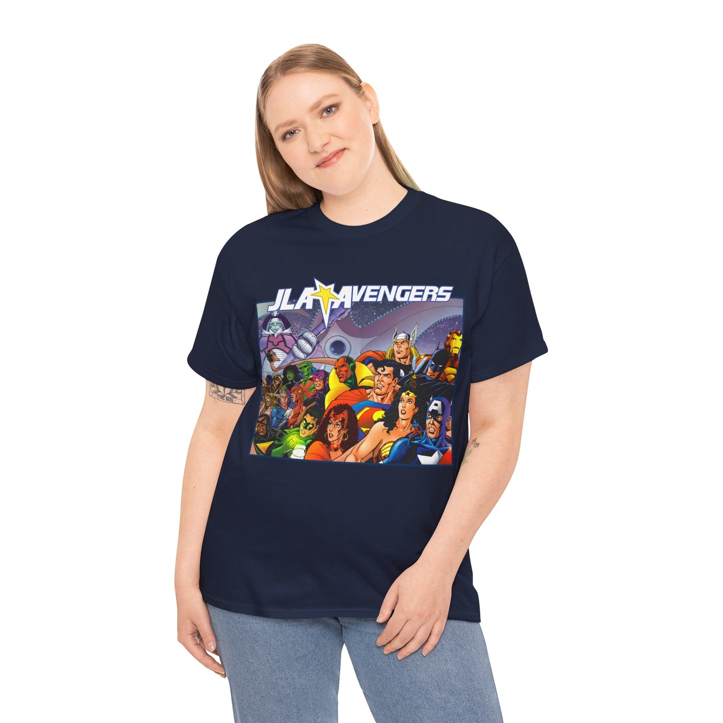 JLA/Avengers T-Shirt - George Perez Art - Wonder Woman, Scarlet Witch, Batman, Thor, Iron Man, Superman - DC Comics, Marvel Comics