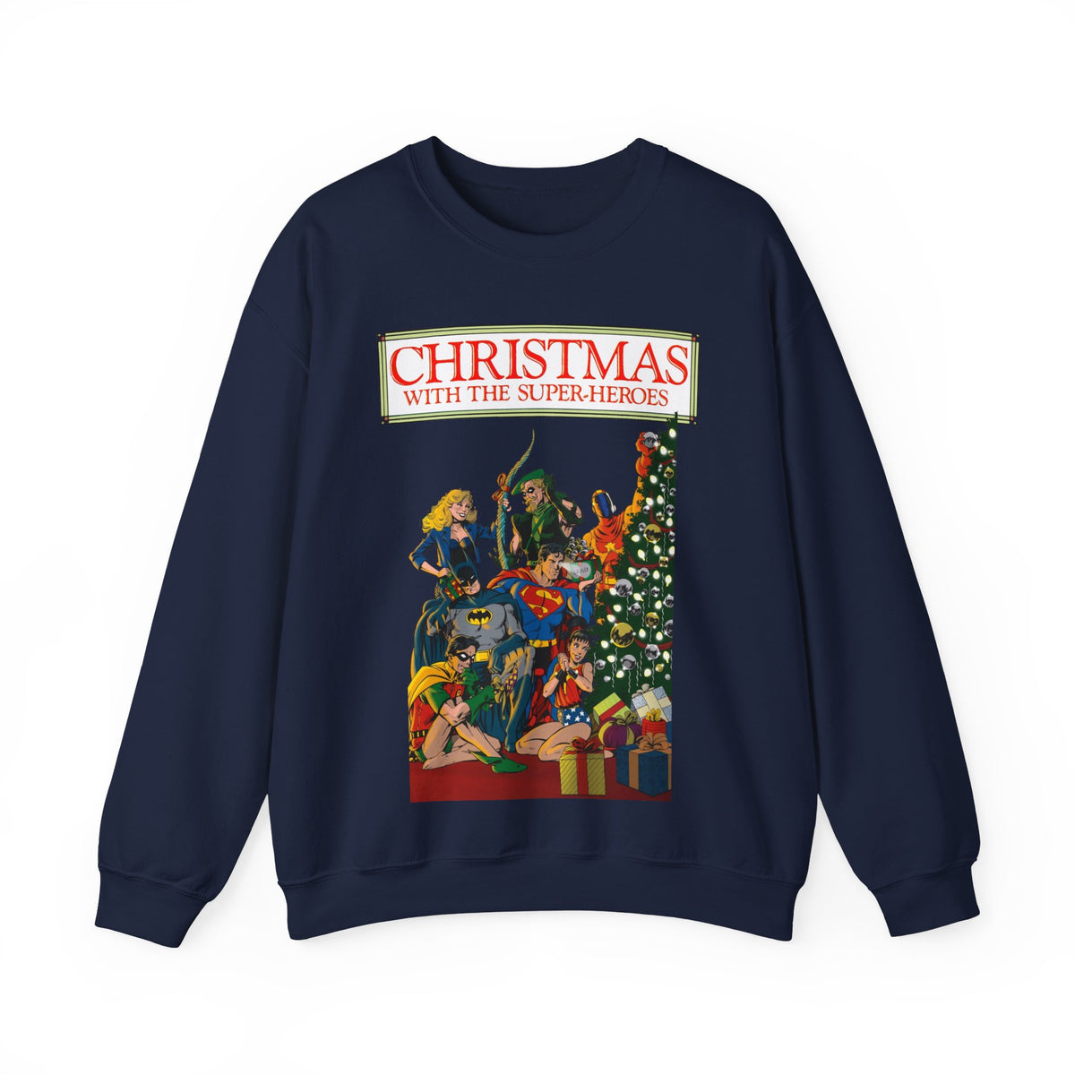 Christmas With the DC Super-Heroes Heavy Blend Crewneck Sweatshirt - Superman, Batman, Green Arrow, Black Canary - Festive Holiday Shirt
