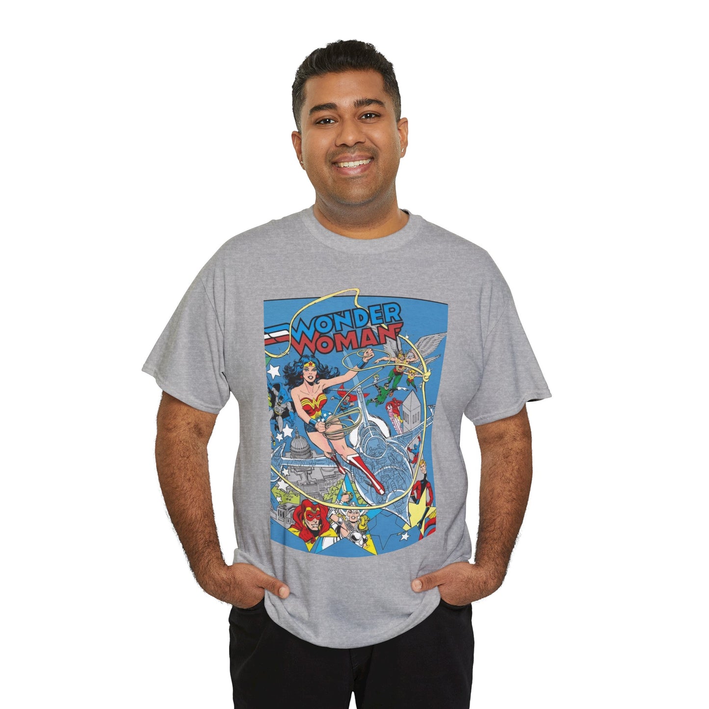 Wonder Woman T-Shirt - Ed Hannigan Art - #300 Cover Art - Hawkman, Green Lantern, Elongated Man, Sandman - DC Comics