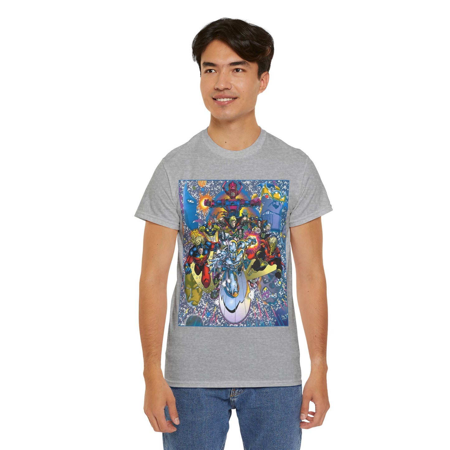 Marvel Cosmic Heroes T-Shirt - Silver Surfer, Captain Marvel, Adam Warlock, Quasar, Nova, Galactus, Jack of Hearts, Moondragon, Thanos