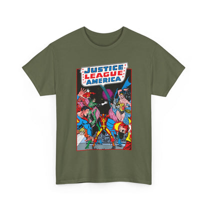 Justice League of America T-Shirt - George Perez Art - 1980s Satellite Era - Superman, Wonder Woman, Firestorm, Green Lantern, Batman - DC Comics