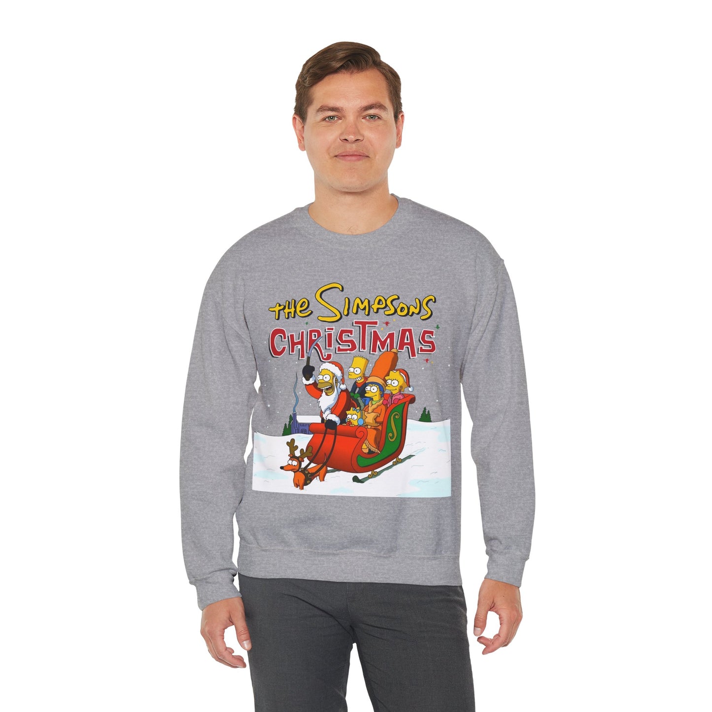 Simpsons Family Christmas Crewneck Sweatshirt - Homer, Marge, Bart, Lisa, Maggie - Riding a Christmas Sleigh Through the Winter Snow