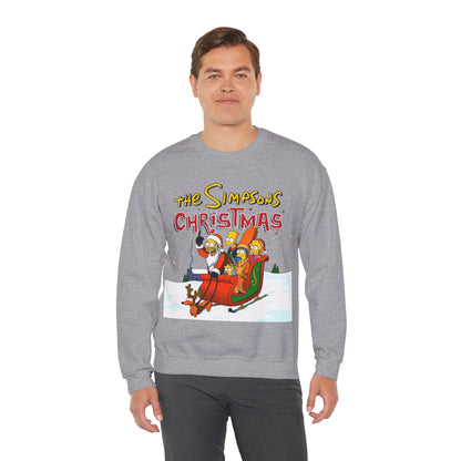 Simpsons Family Christmas Crewneck Sweatshirt - Homer, Marge, Bart, Lisa, Maggie - Riding a Christmas Sleigh Through the Winter Snow