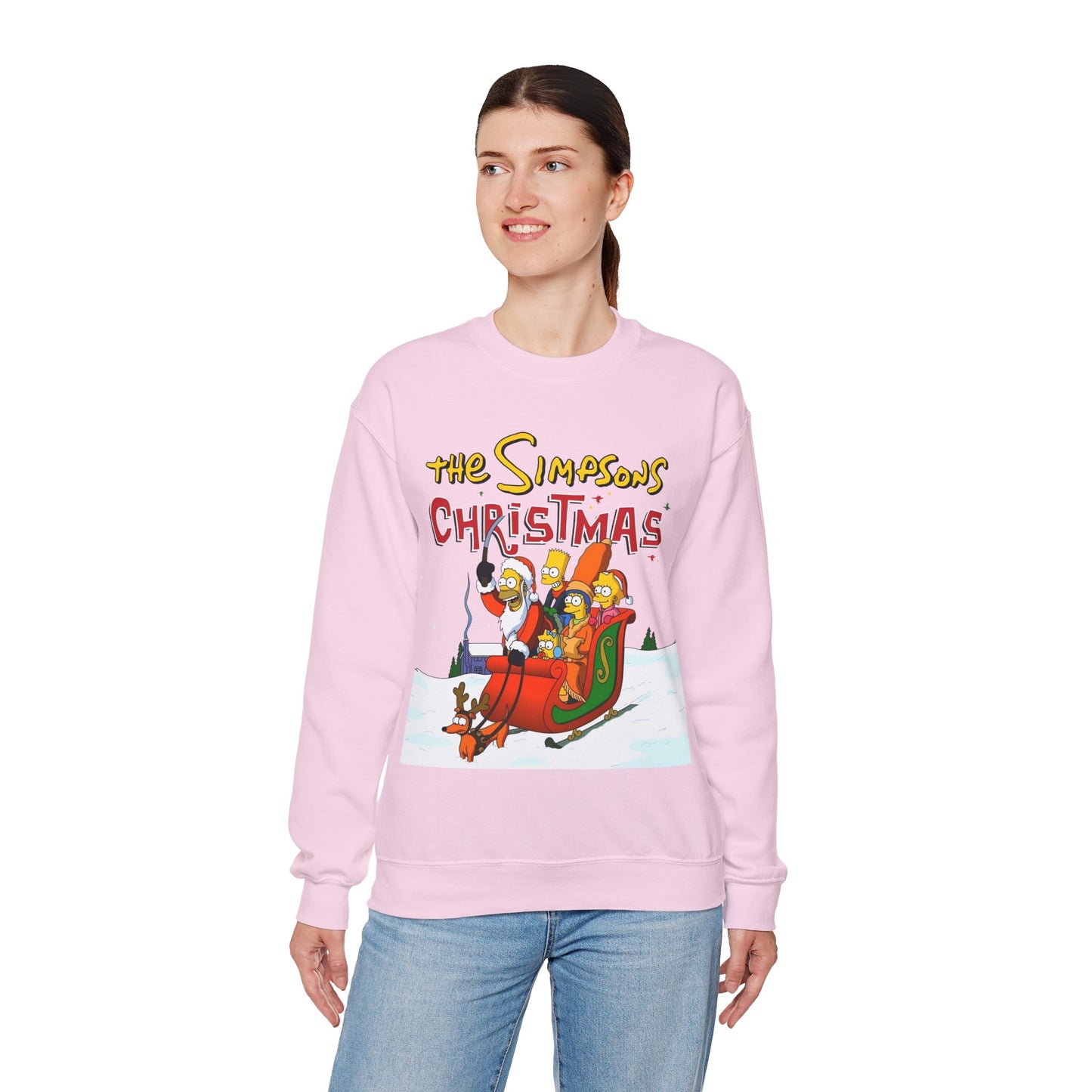 Simpsons Family Christmas Crewneck Sweatshirt - Homer, Marge, Bart, Lisa, Maggie - Riding a Christmas Sleigh Through the Winter Snow