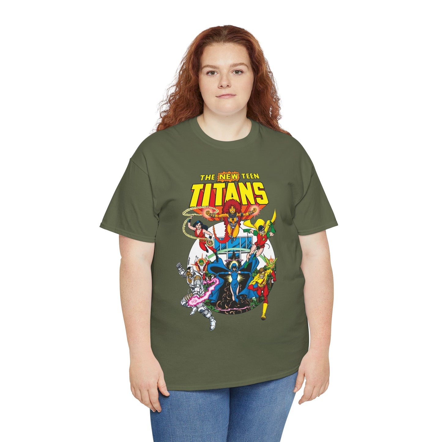 New Teen Titans T-Shirt - Classic George Perez Art - Cyborg, Raven, Starfire, Robin, Wonder Girl, Changeling, Kid Flash - Titans Tower - Popular DC Comics 1980s Series