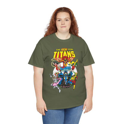 New Teen Titans T-Shirt - Classic George Perez Art - Cyborg, Raven, Starfire, Robin, Wonder Girl, Changeling, Kid Flash - Titans Tower - Popular DC Comics 1980s Series