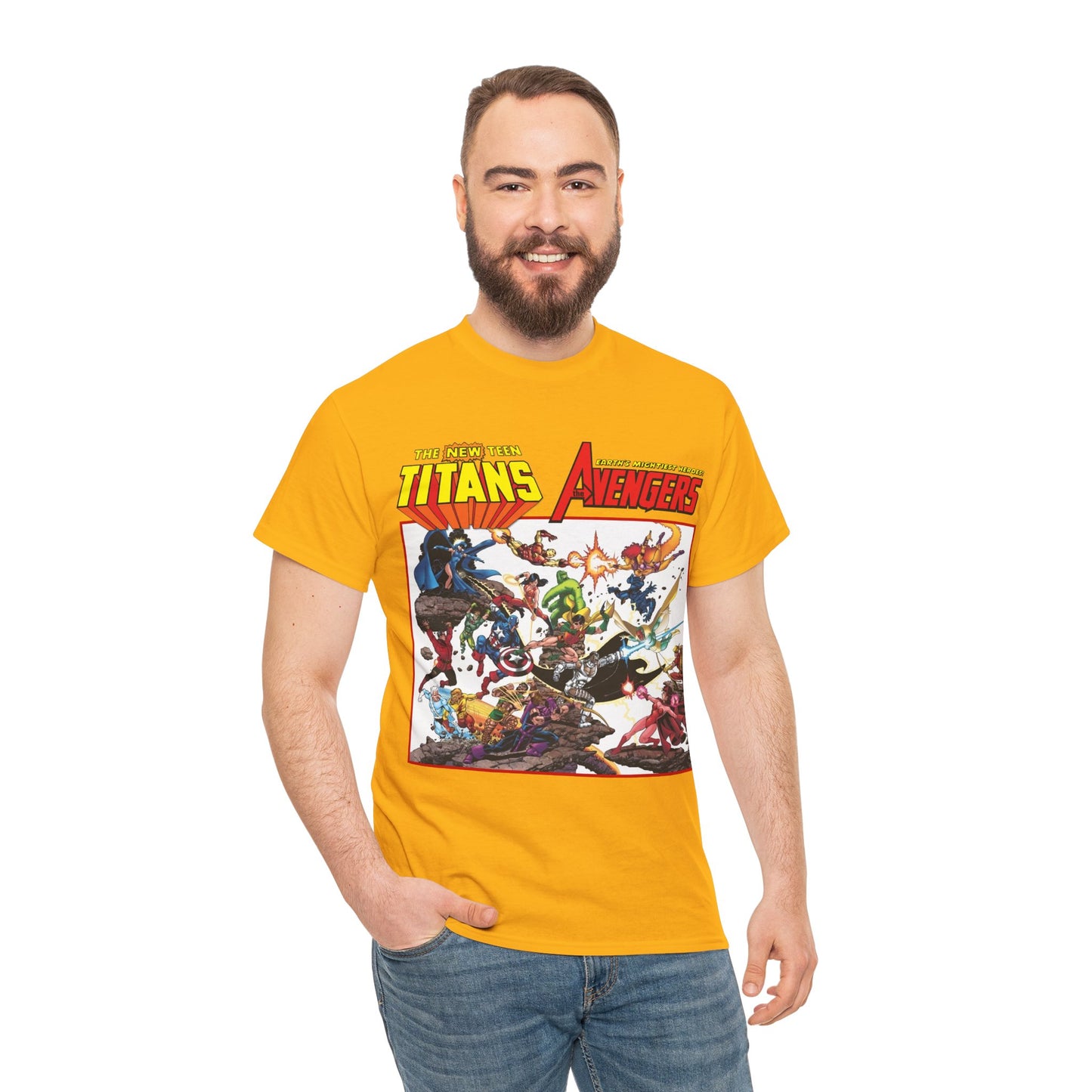 New Teen Titans Vs Avengers T-Shirt - George Perez Art - Hawkeye, Wonder Man, Raven, Starfire, Cyborg, Scarlet Witch, Wonder Girl - DC Comics & Marvel Comics