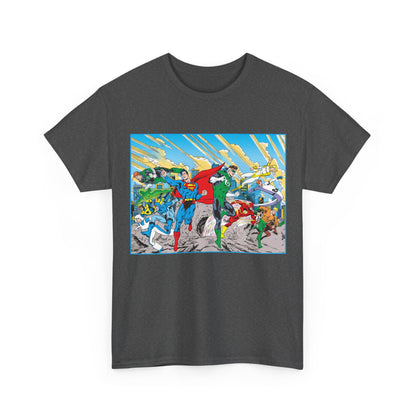 Justice League America/Europe T-Shirt - Dan Jurgens Art - Superman, Blue Beetle, Booster Gold, Green Lantern, Aquaman, Power Girl, Guy Gardner, Flash - DC Comics