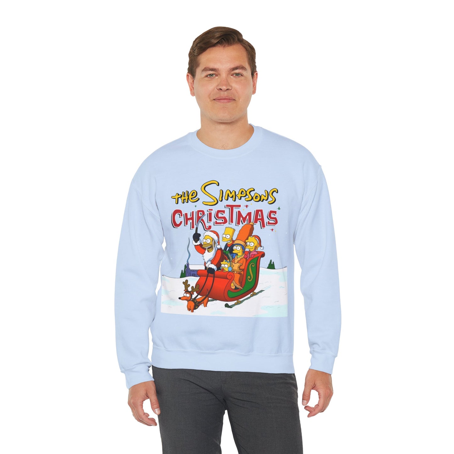 Simpsons Family Christmas Crewneck Sweatshirt - Homer, Marge, Bart, Lisa, Maggie - Riding a Christmas Sleigh Through the Winter Snow